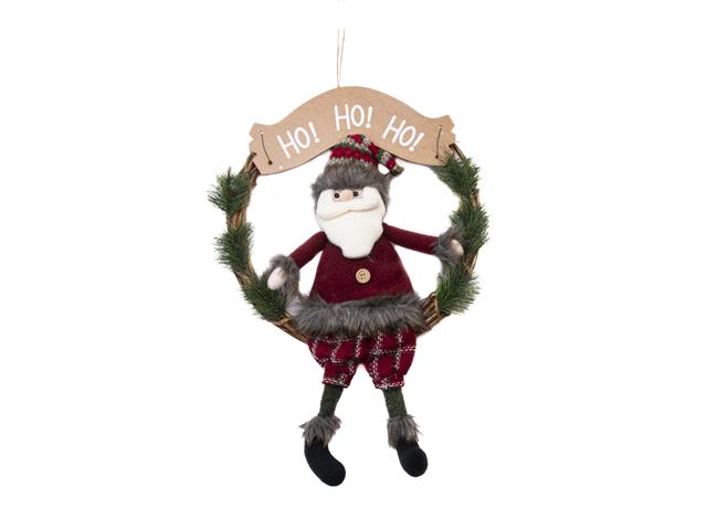 18" RATTAN WREATH WITH SITTING SANTA (HO HO HO)